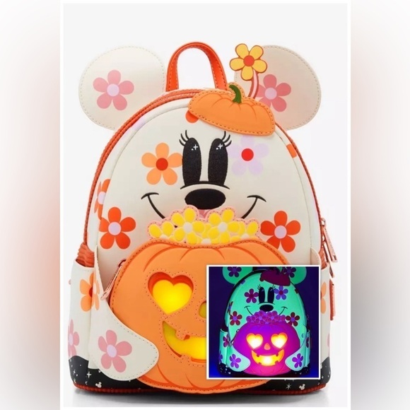 Loungefly Disney Minnie Mouse Floral Pumpkin Glow N Dark Light Up Mini Backpack - Picture 2 of 7